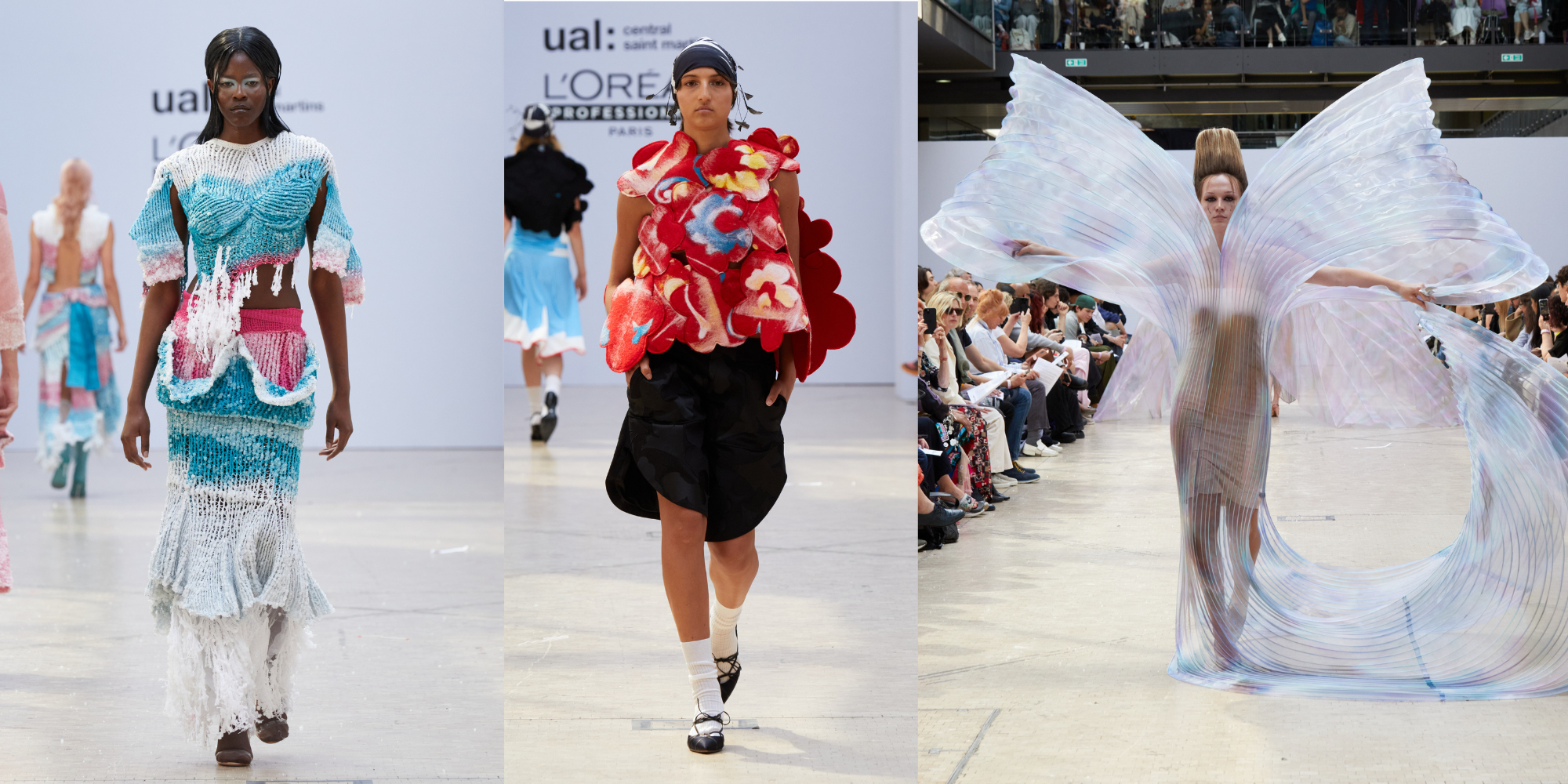A trio of images of models on the catwalk in colourful garments
