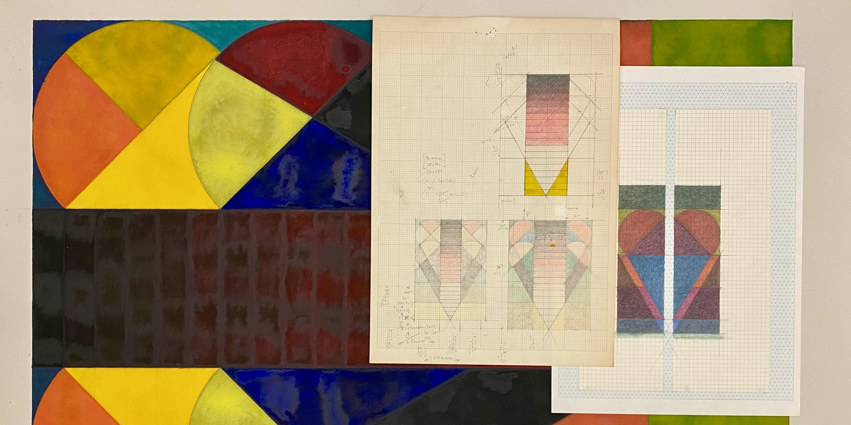 Items from the Jo Ann Kaplan Archive, including one large artwork, in what appears to be gouache or watercolour on paper. It appears to be like an abstracted heart with a gap or brick wall through it. On top are laid two additional preliminary sketches on gridded paper showing the same motif, with different colour patterns.