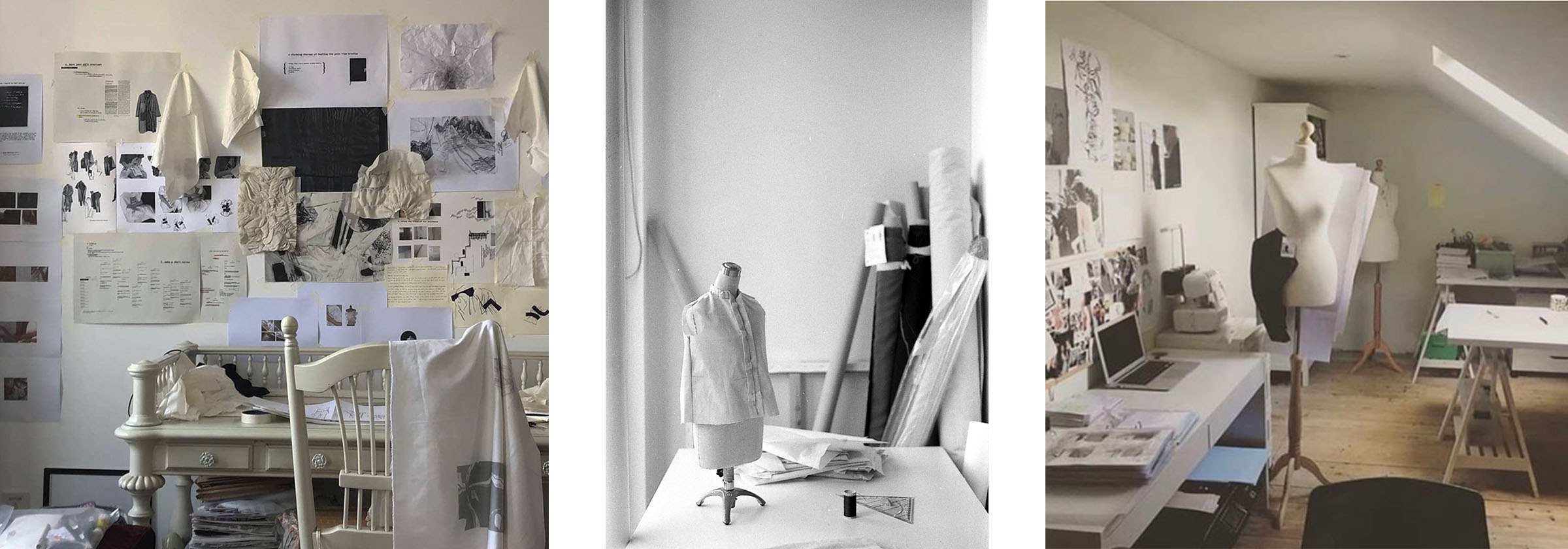 Design studios with different elements like mannequins, moodboards and design patterns