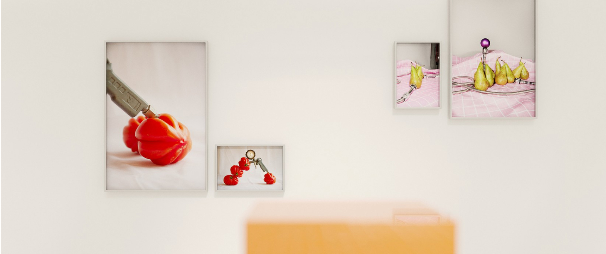 Exhibition shot of framed photographs showing coloured fruit, within a white gallery space.