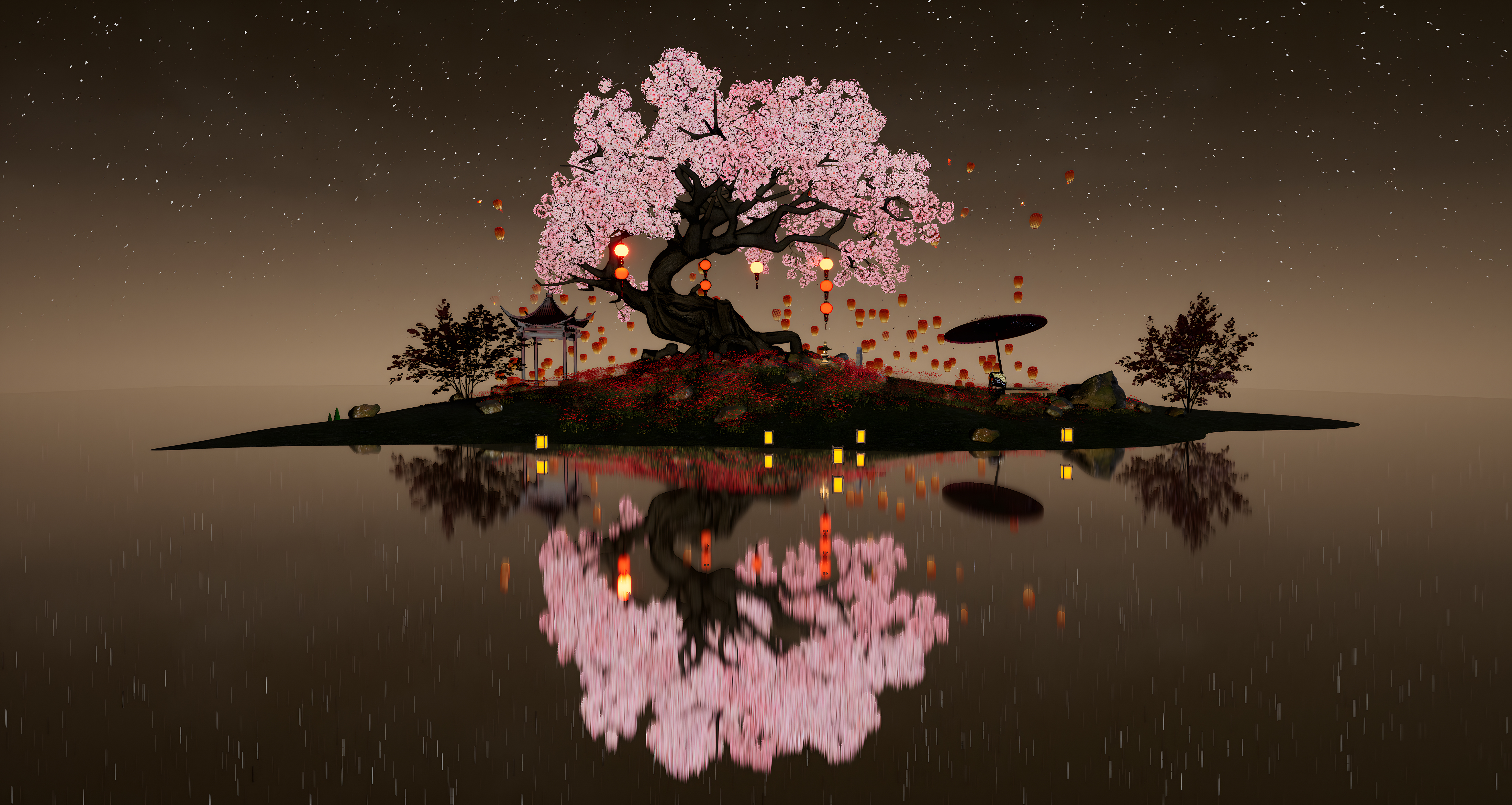 Computerised visual of a blossom tree and its reflection.