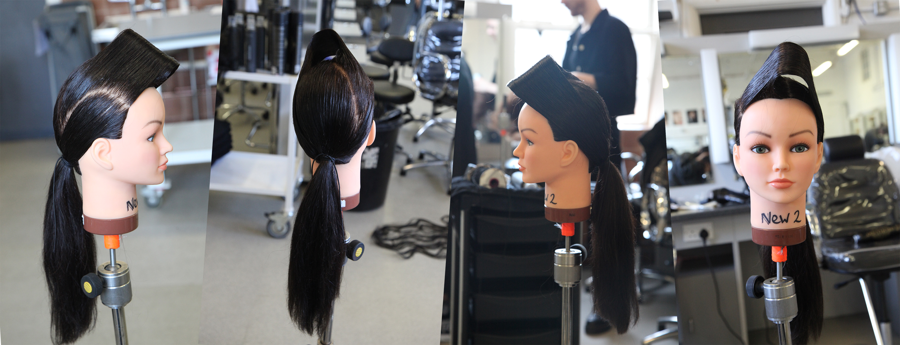 Students recreating hairstyles on model heads