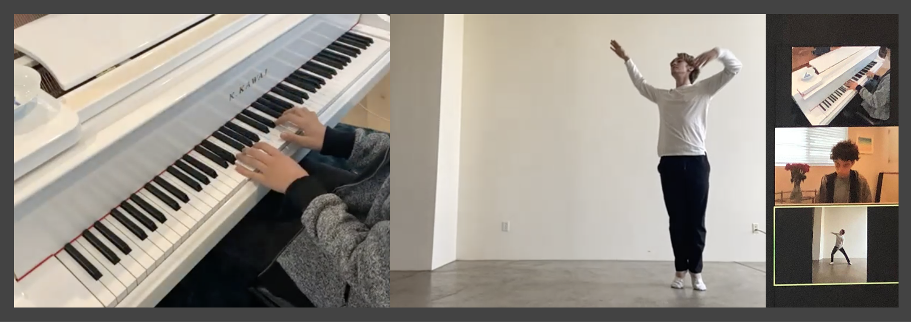 Zoom screenshot of person dancing and hands playing a piano