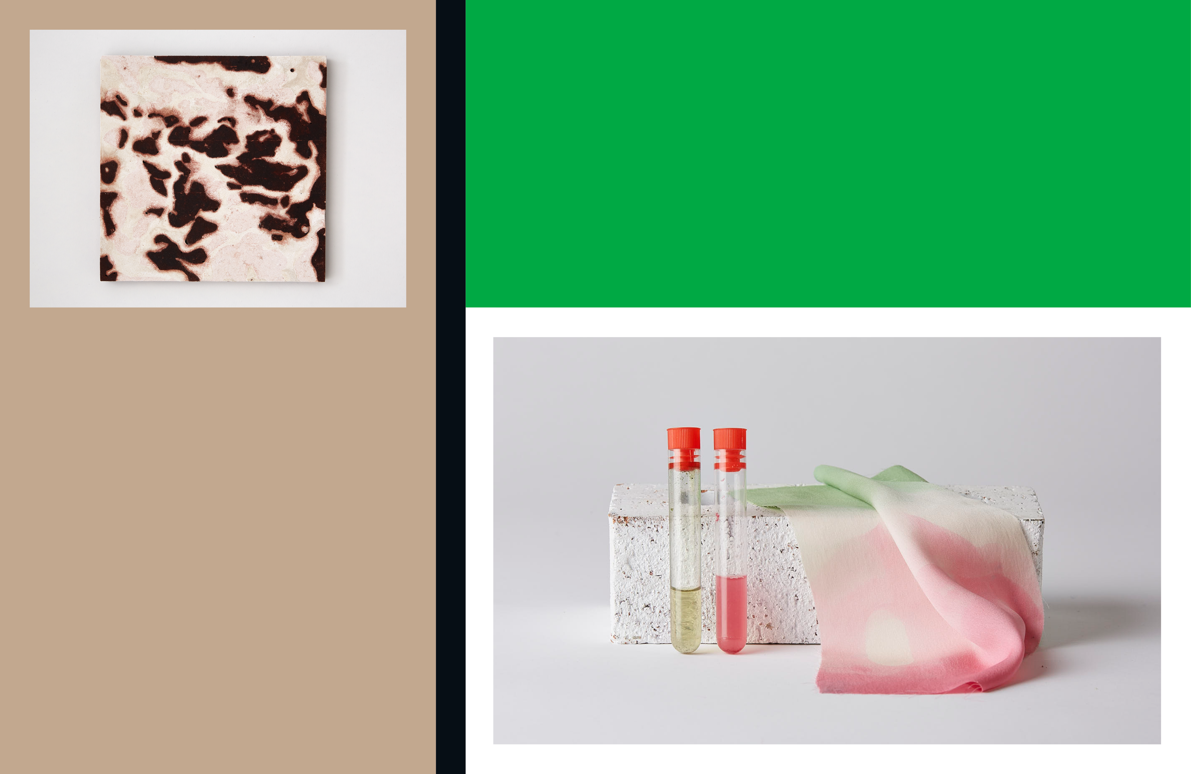Composite image with green and brown blocks and two images of work (one brown tile and one red material with glass vials)