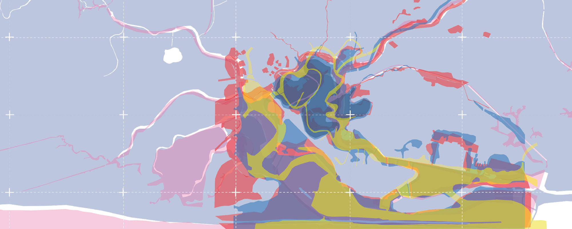 A map of Recife, Brazil plotting historical geographical and data from 1859 to now via different layers of coloured lines and shaded areas