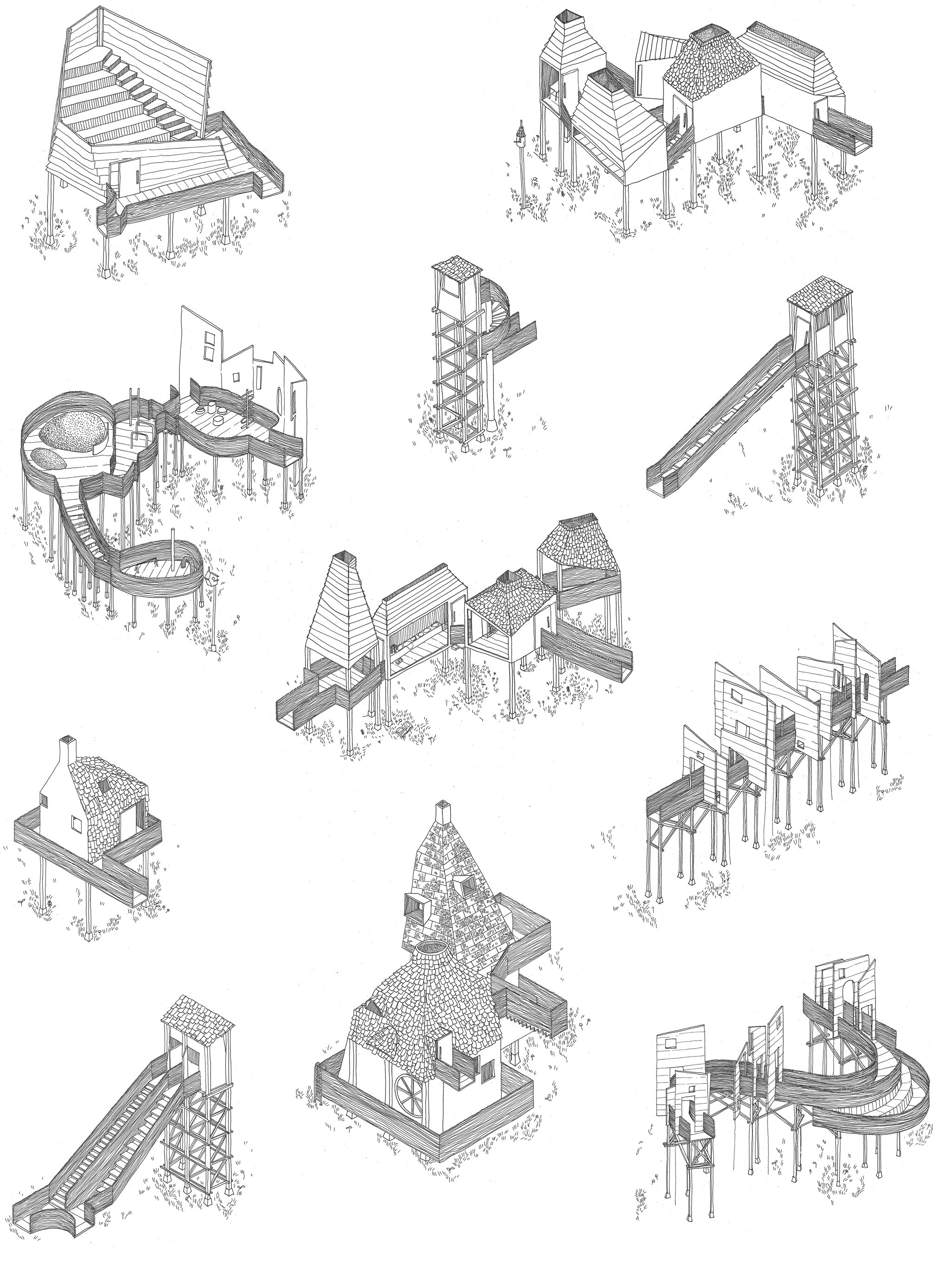 A series of illustrations of architectural proposition