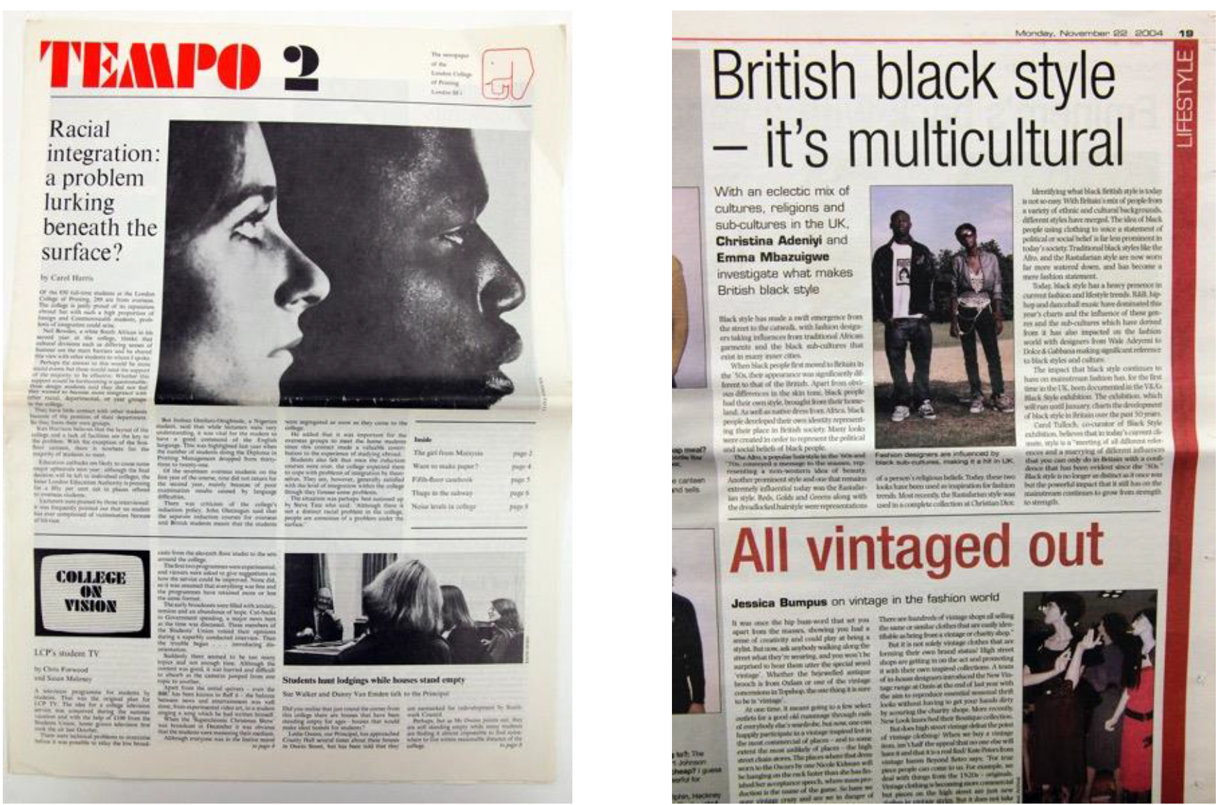 2 broadsheet newspaper pages side by side, with articles on Black style and culture and racial integration 