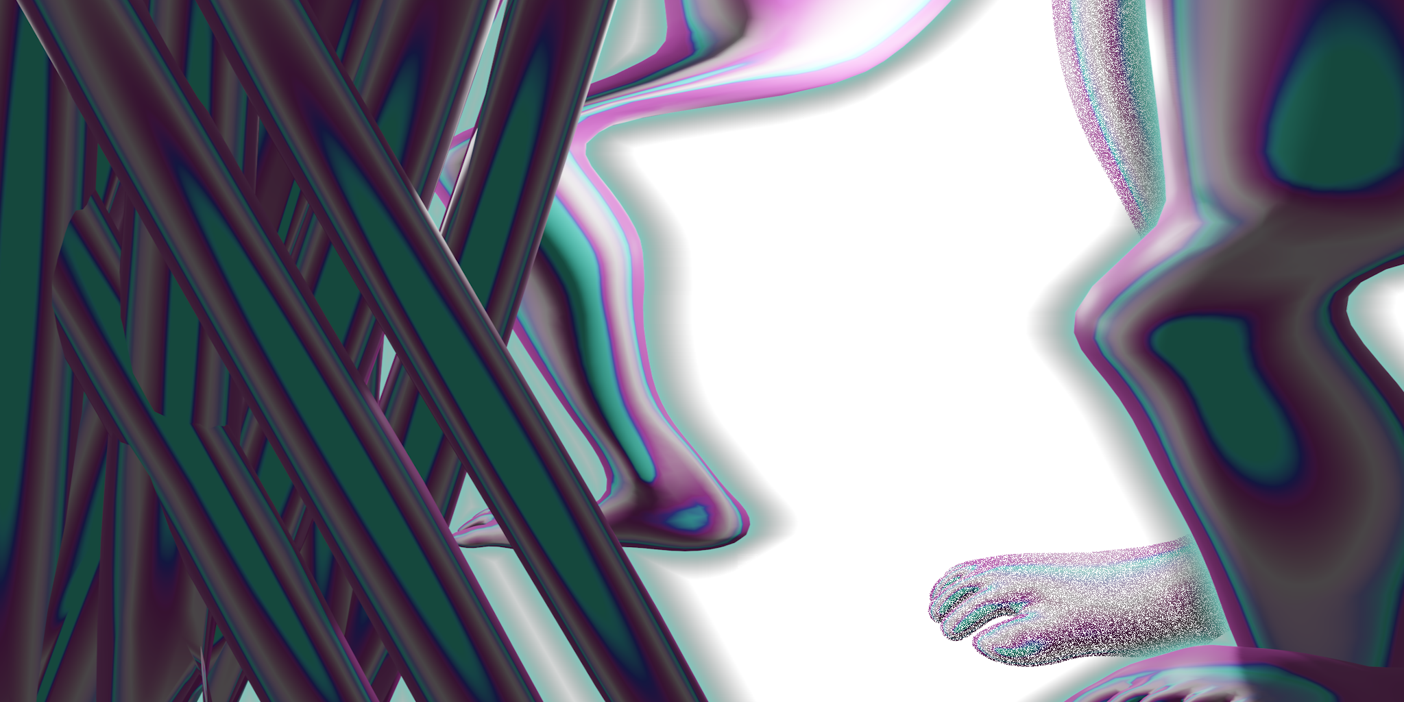 Image still from artwork: a criss cross pattern in green with gray and pink edges, with feet and legs that disappear behind it.