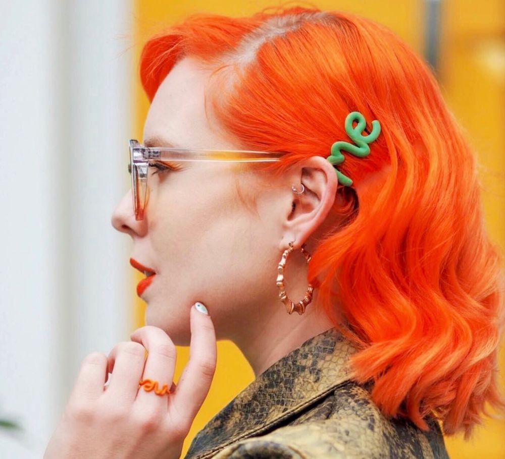 Woman wearing 'Me' hairclip by Zoe Sherwood