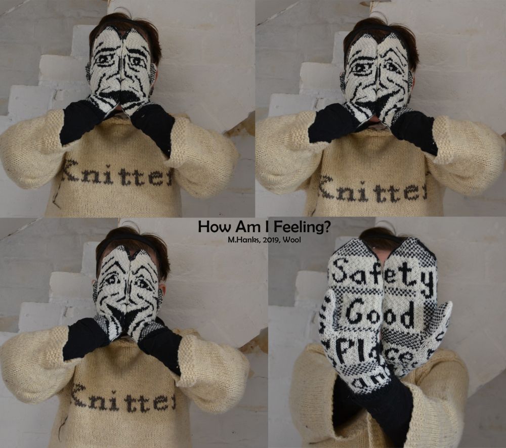 four pictures of a person holding their hands with gloves with a mask pattern over their face