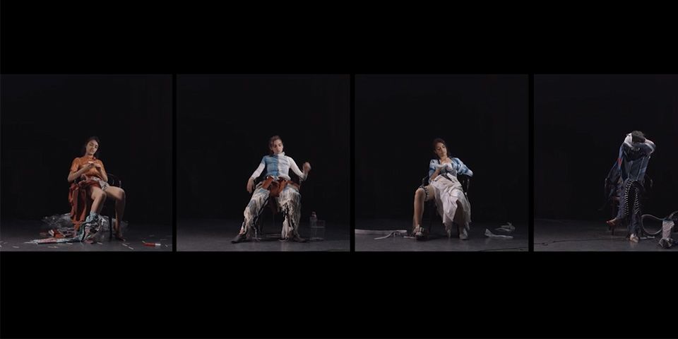 Four panels each showing a woman sat on a chair wearing a series of different garments