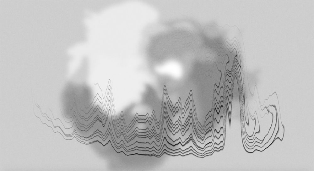 A motion still in which a grey ball collapses into a sound wave.