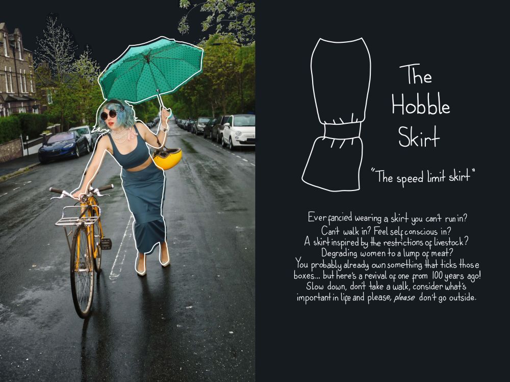 Woman pushing bike with umbrella wearing restrictively tight skirt
