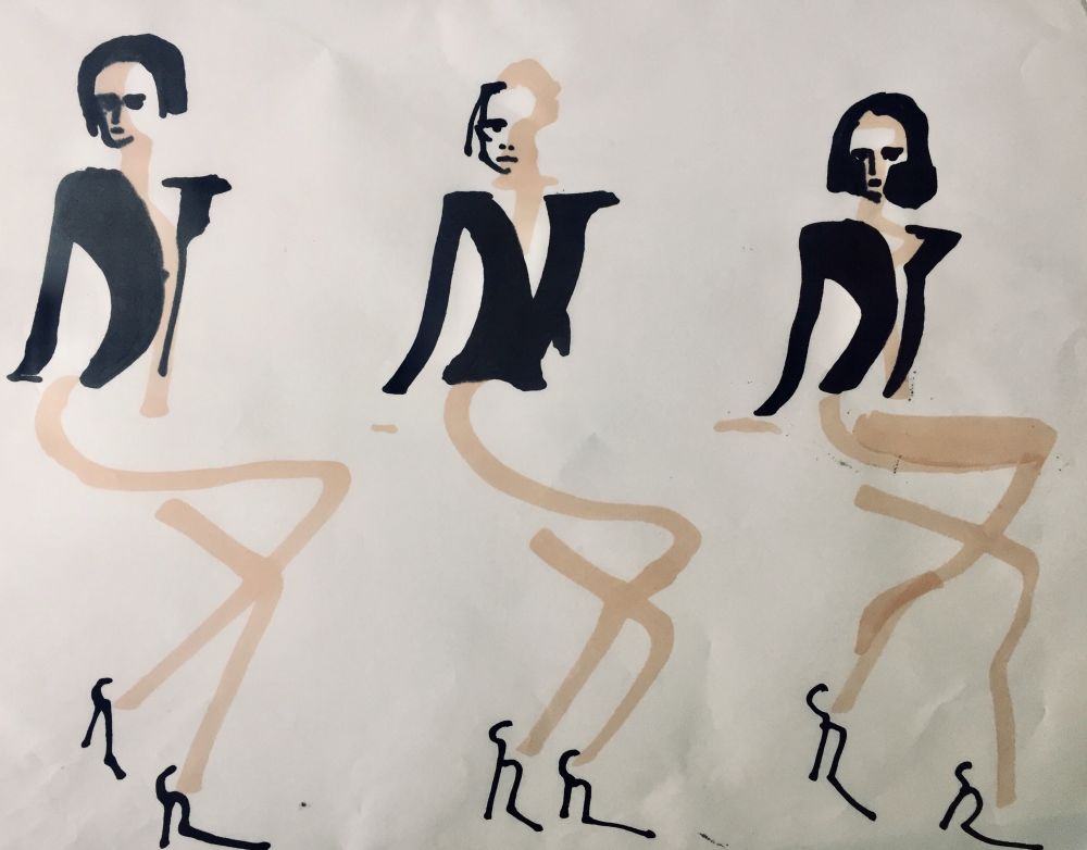 Fashion illustration, three figures wearing black jackets