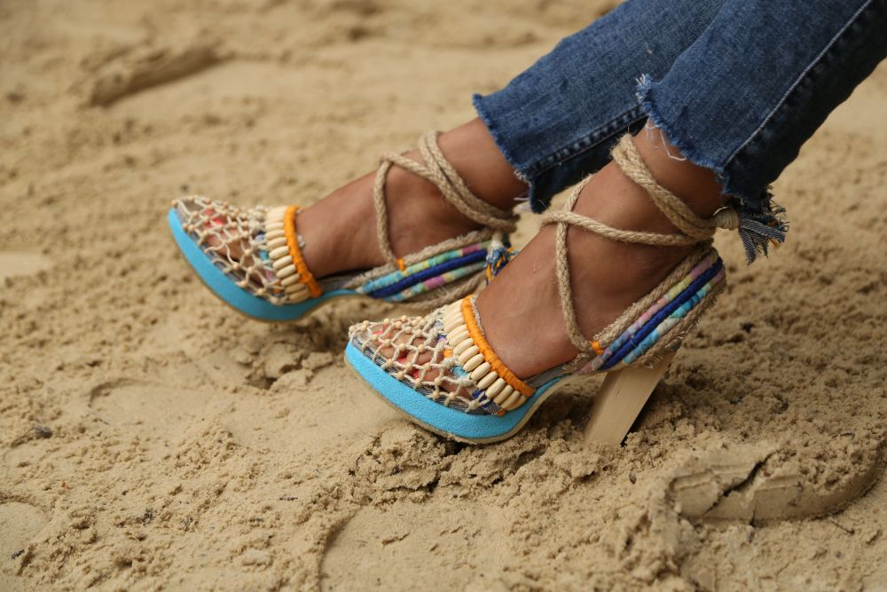 Yellow and blue tie sandal with stiletto heel
