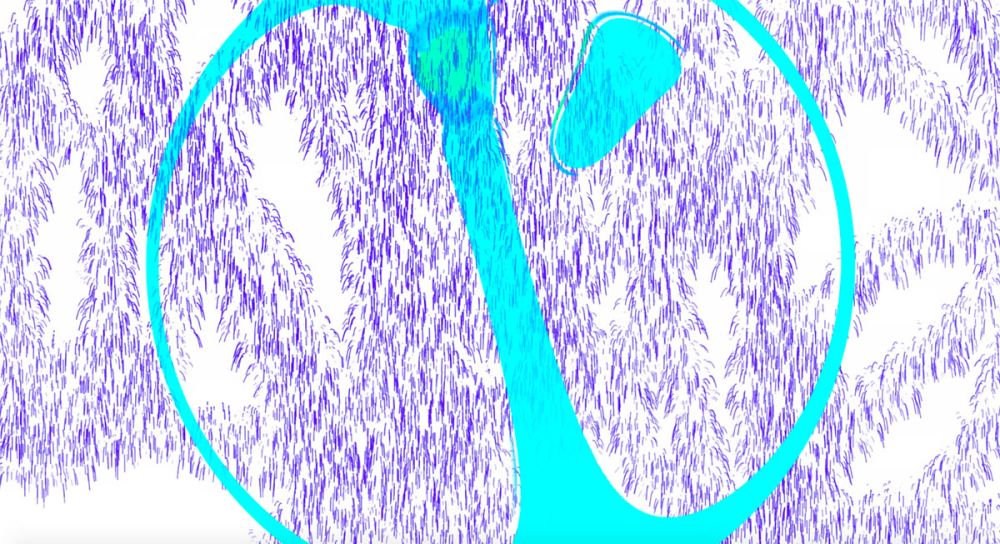 A motion still in which fuzzy purple lines are eclipsed by an aquamarine bubble.