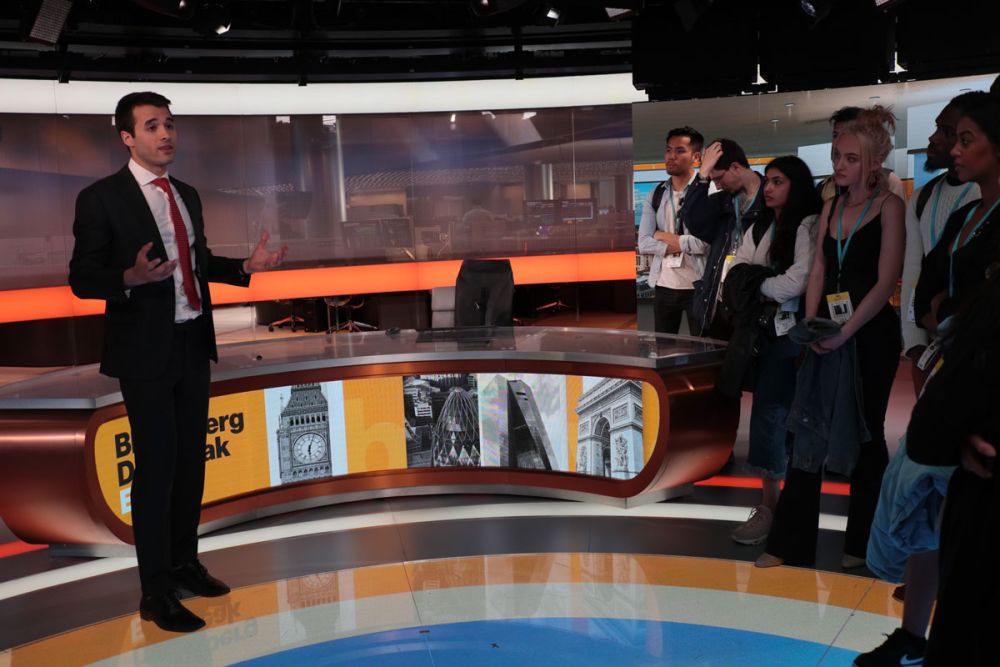 Student talking to TV anchor