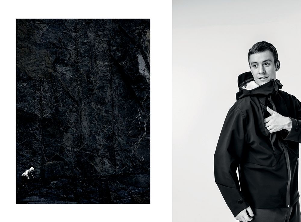 Closeup of sports jacket fabric next to a picture of a male model wearing a sports jacket