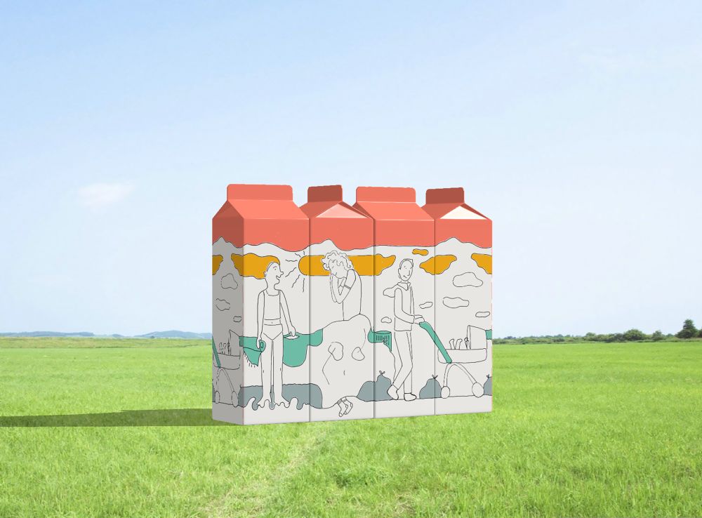 Four cartons of milk aligned to make a composite image