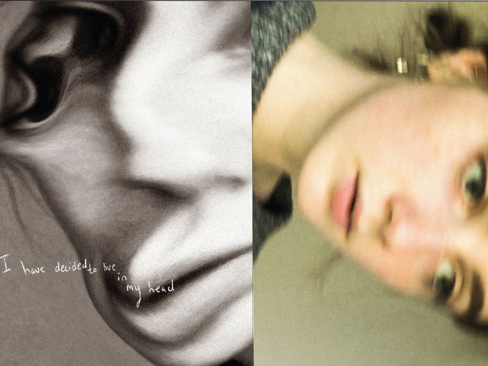 Two distorted photographs of woman's face