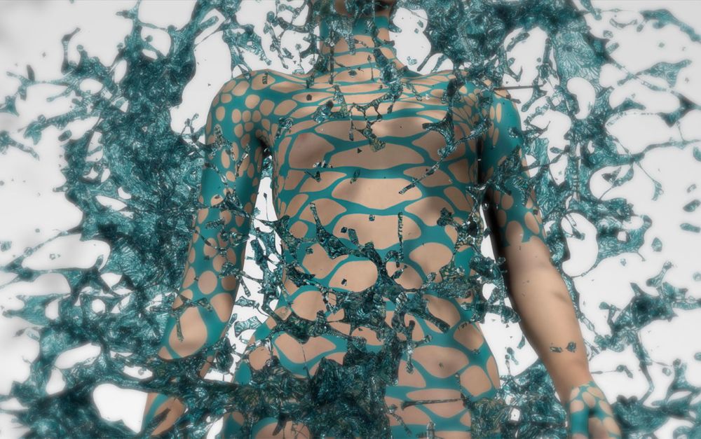 CAD image of torso with blue liquid-like overlay