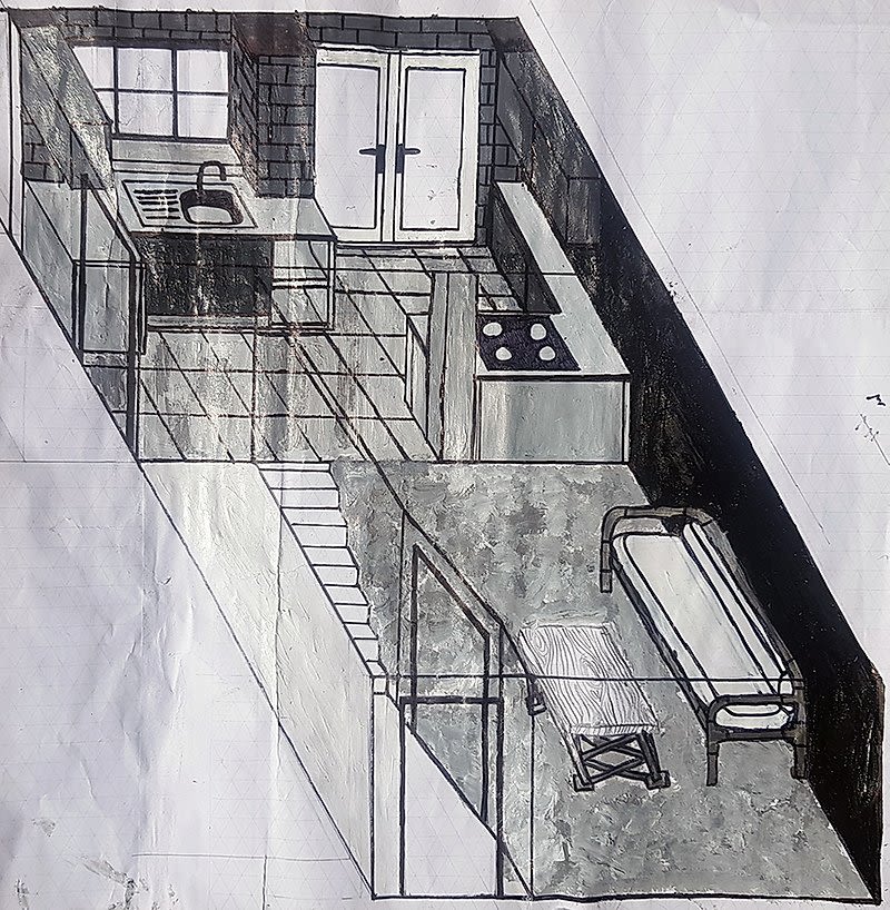 Architectural painting of inside of a kitchen