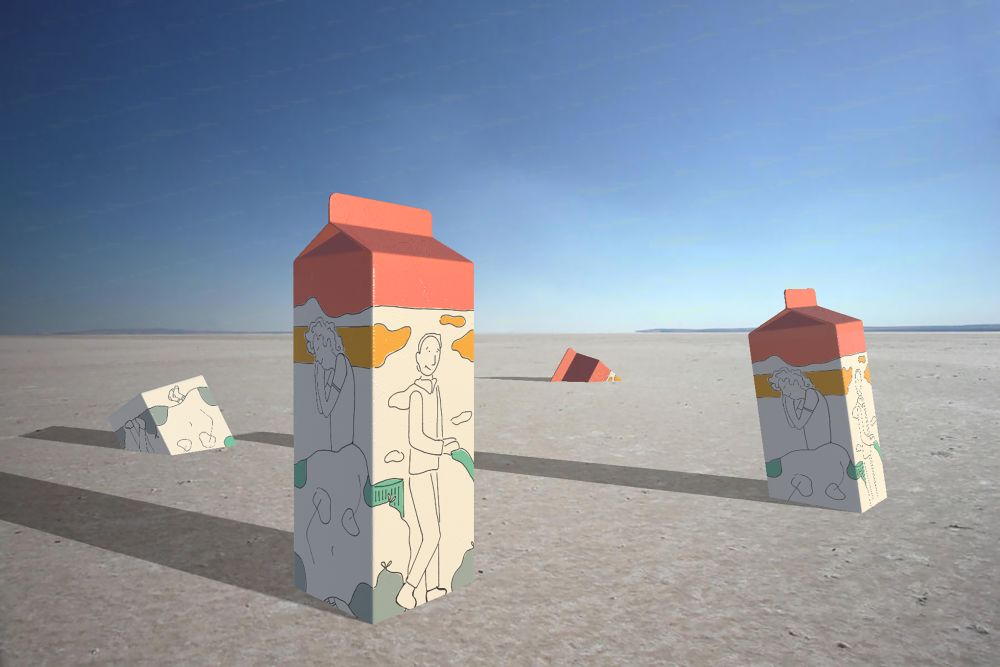 Milk cartons sitting in sand