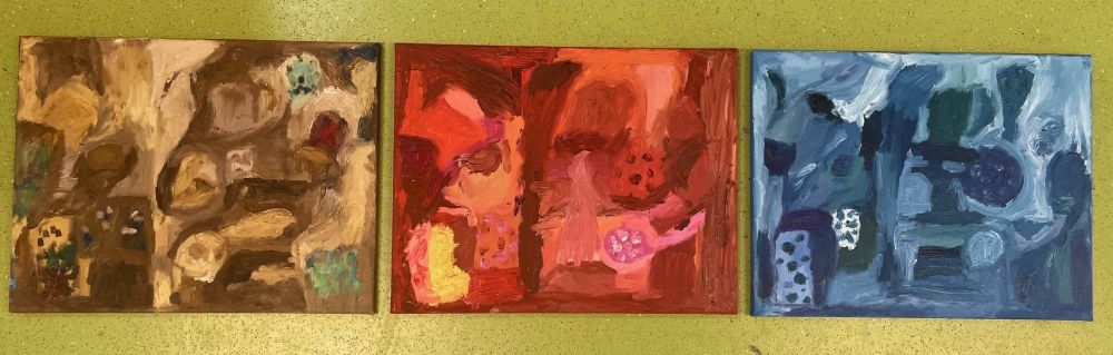 3 paintings of Volcano, Ocean and Field Still Life