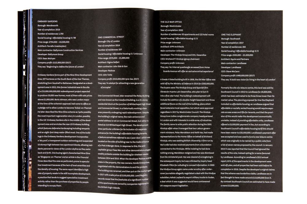 Open pages of Metropole book showing white text on black paper, describing London property development.