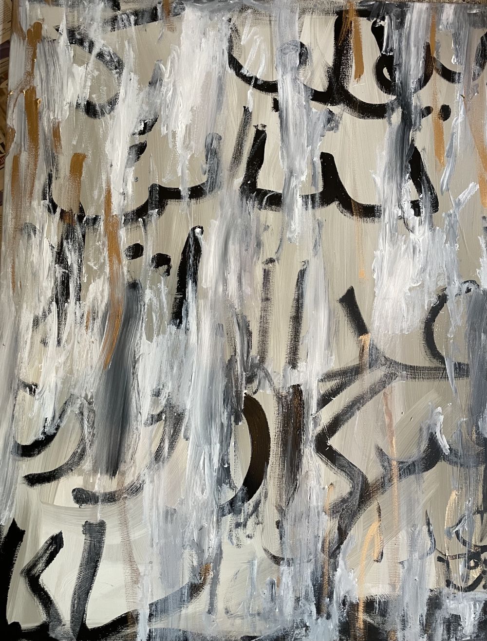 Abstract painting with Farsi writing on it.