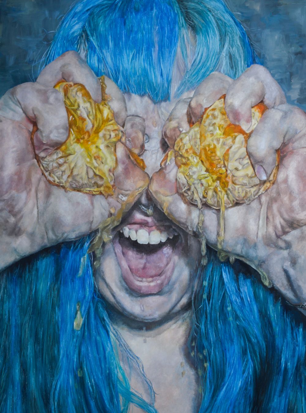 Blue haired girl with oranges over her eyes