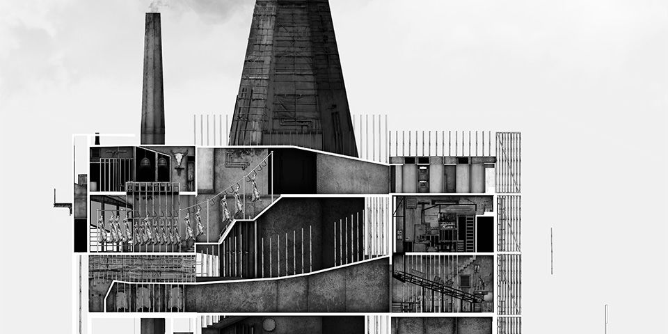 Architectural illustration of a meat factory