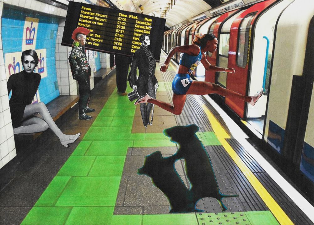 Collage of characters on an underground platform