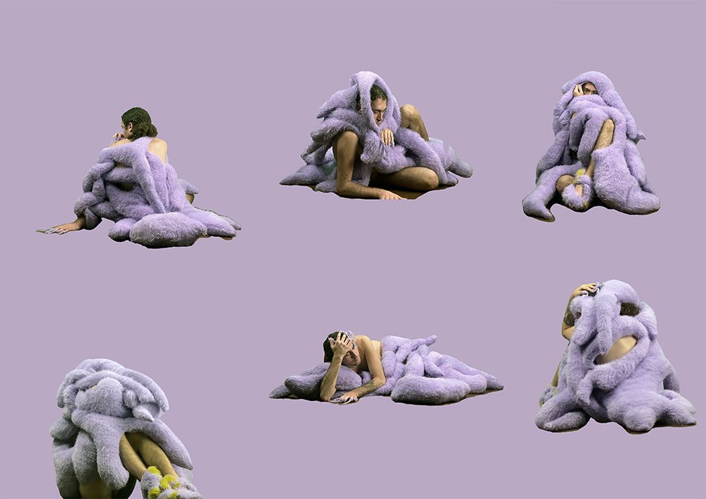 Stephanie Uhart's BA work, purple comfort, model in furry covering.