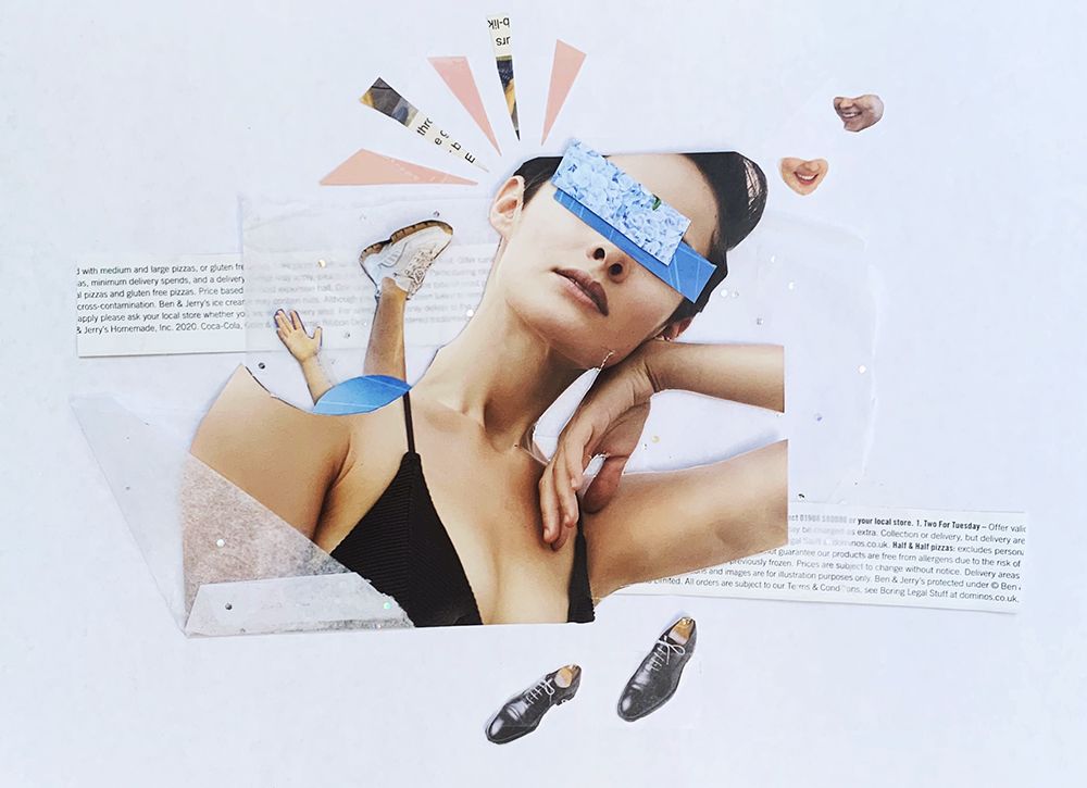 Collage feature a women's face, shoes and text.