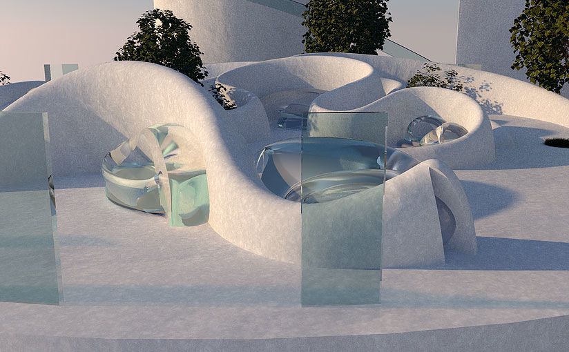 Digital artwork depicting water installations amidst cityscapes.