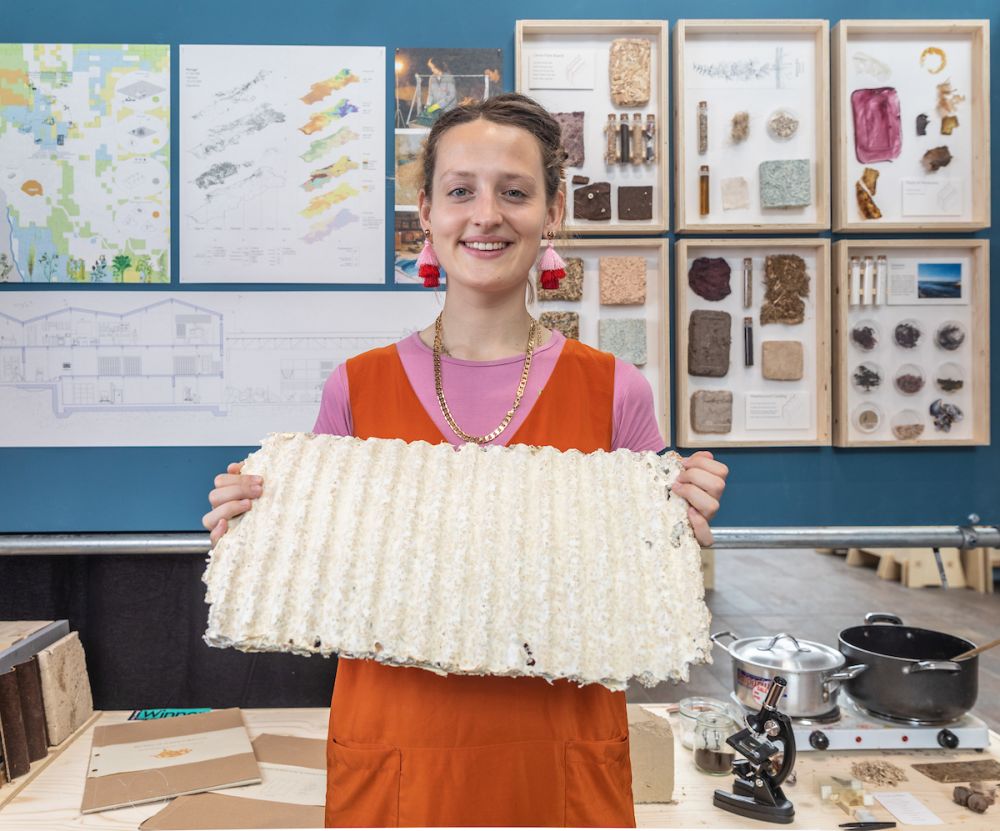 Portrait of woman holding material experimentation
