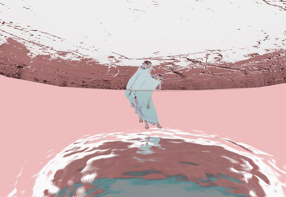 Model standing in a pink room