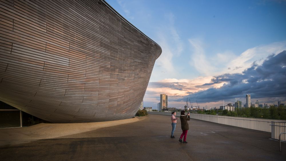 sunset against London Aquatics Center.
