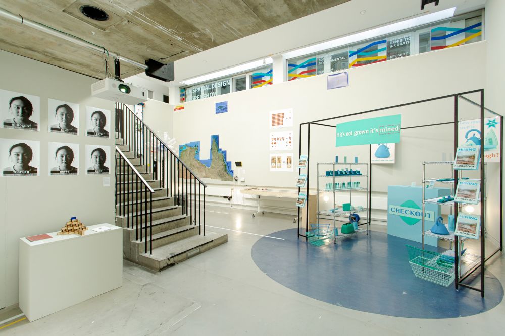 Gallery view of work including installation shots, photography and posters.