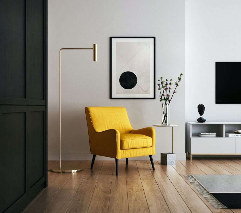 Black hovering crystal-shaped object set in living room
