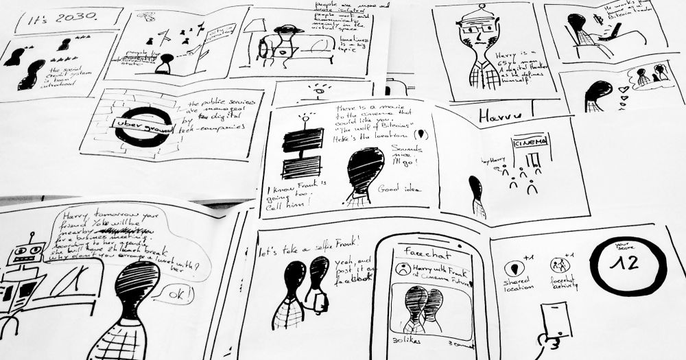 Black and white storyboard imaging the future of the government in 2030.