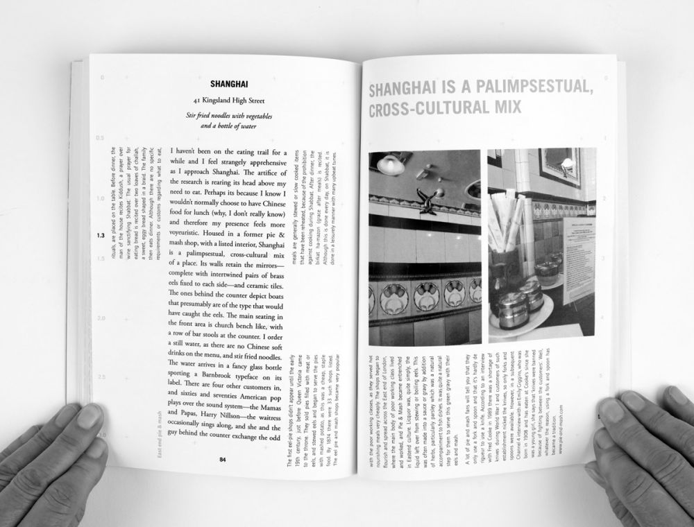 Open spread of Alison Barnes' book, showing a page of Alison's experiences of a restaurant with Chinese food called Shanghai