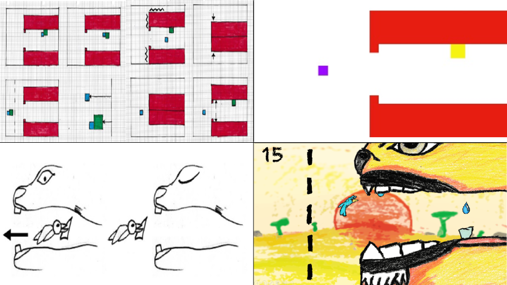 grid of 4 images showing development from paper to digital. the game shows a bird removing a tooth from a woodpeckers mouth.