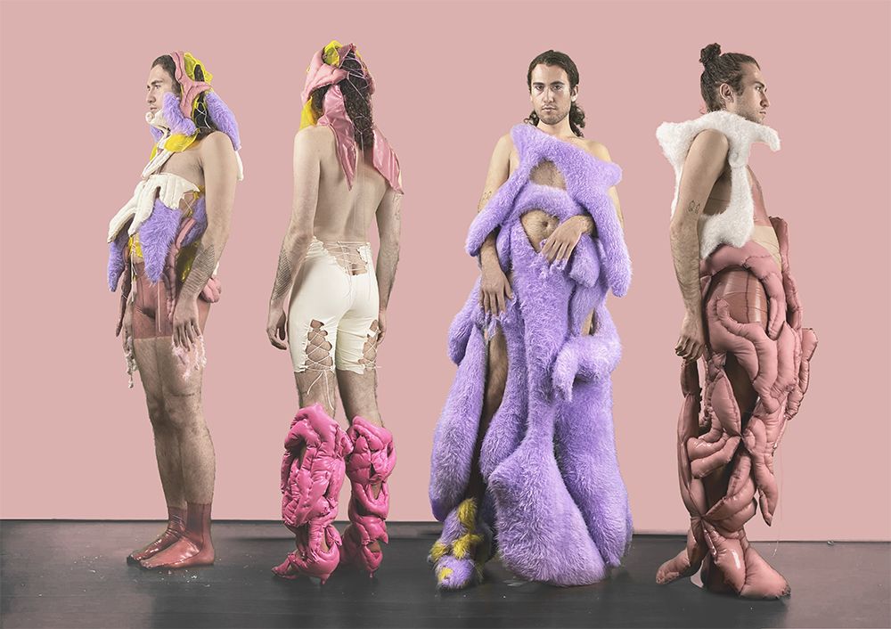 Stephanie Uhart's BA work, final line up, model wearing outfits.