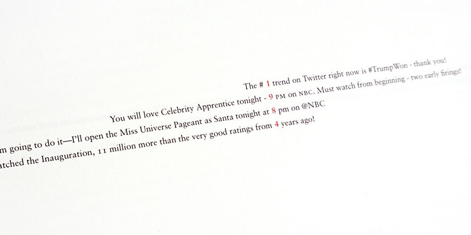 A series of tweets from Donald Trump written in  black, 1984 is spelt out in red vertically through the text.