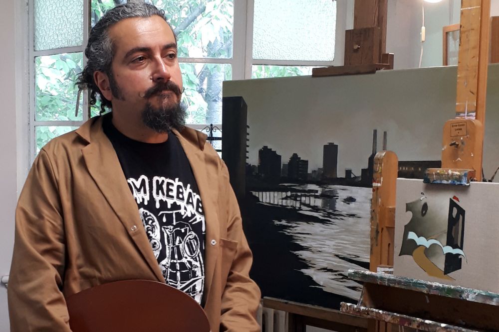 Even in his studio.