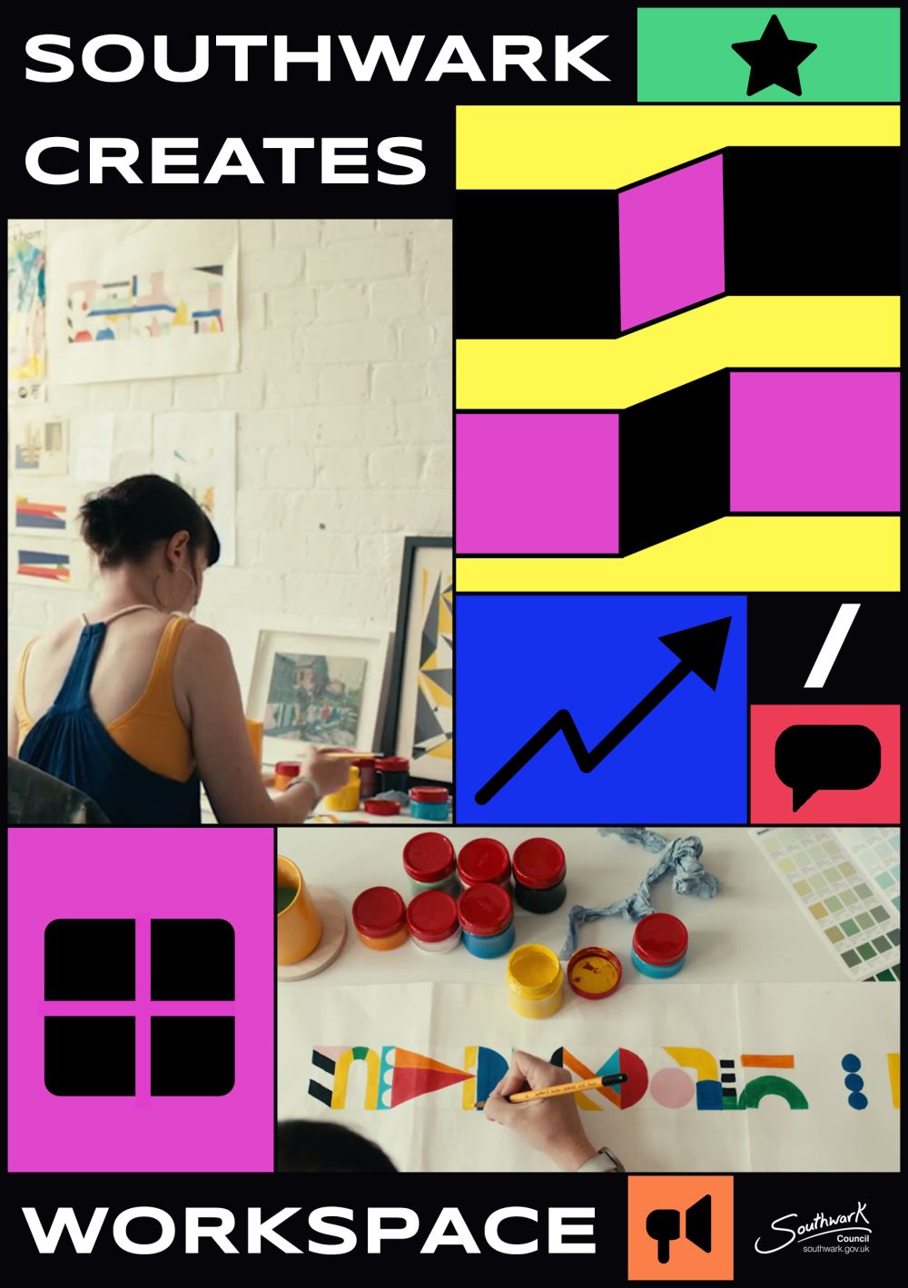 Flyer showing an artist drawing shapes and colourful illustrated shapes.