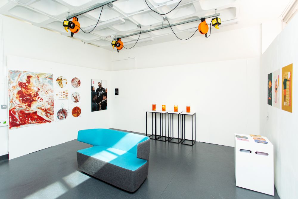 Shot of an exhibition space with work, at London College of Communication.
