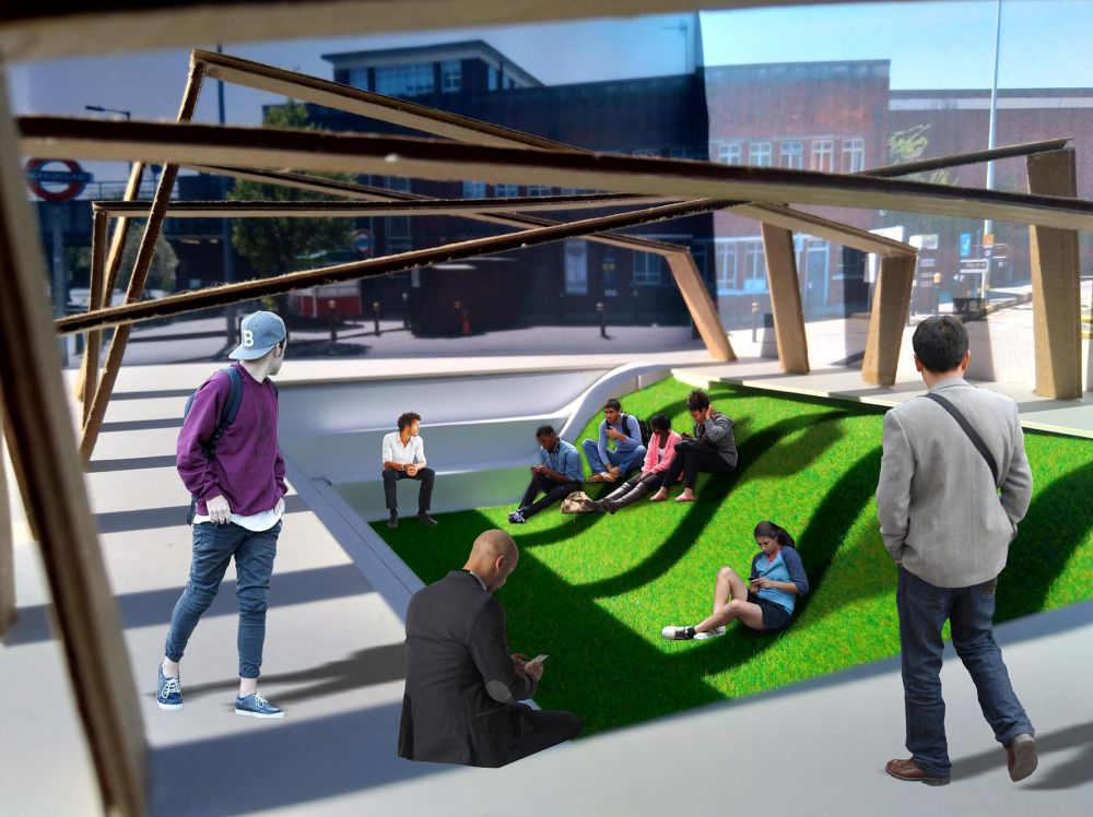 Collage of structure with people sitting and walking around it